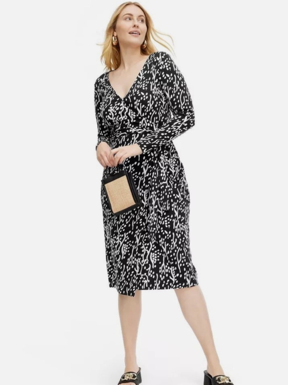 NWOT DIANE VON FURSTENBERG Black White Stretch Wrap Below the Knee Dress XXL